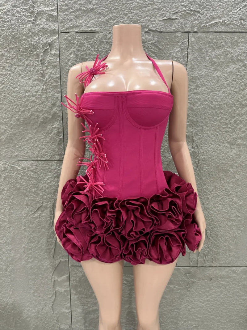 2025 New Black Color Women Sexy Strapless Florals 2 Pieces Bodycon Mini Bandage Dress Celebrate Nightclub Party Bar Singer Wear