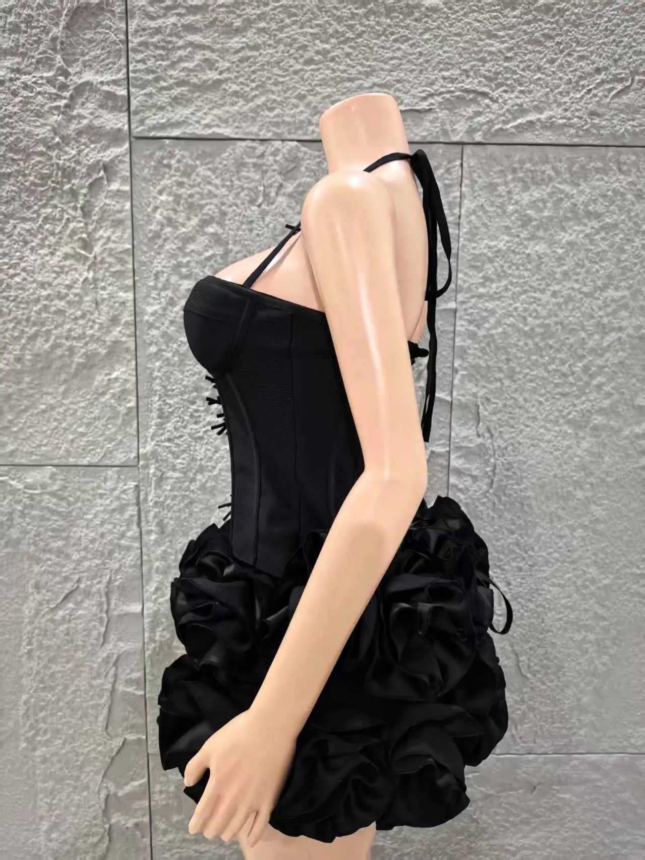 2025 New Black Color Women Sexy Strapless Florals 2 Pieces Bodycon Mini Bandage Dress Celebrate Nightclub Party Bar Singer Wear