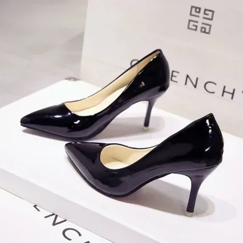 New Solid Color Pumps Women High Heel Shoes Female Fashion Patent Leather Sexy Pointed Toe Thin Heel Wedding Shoes Size 44