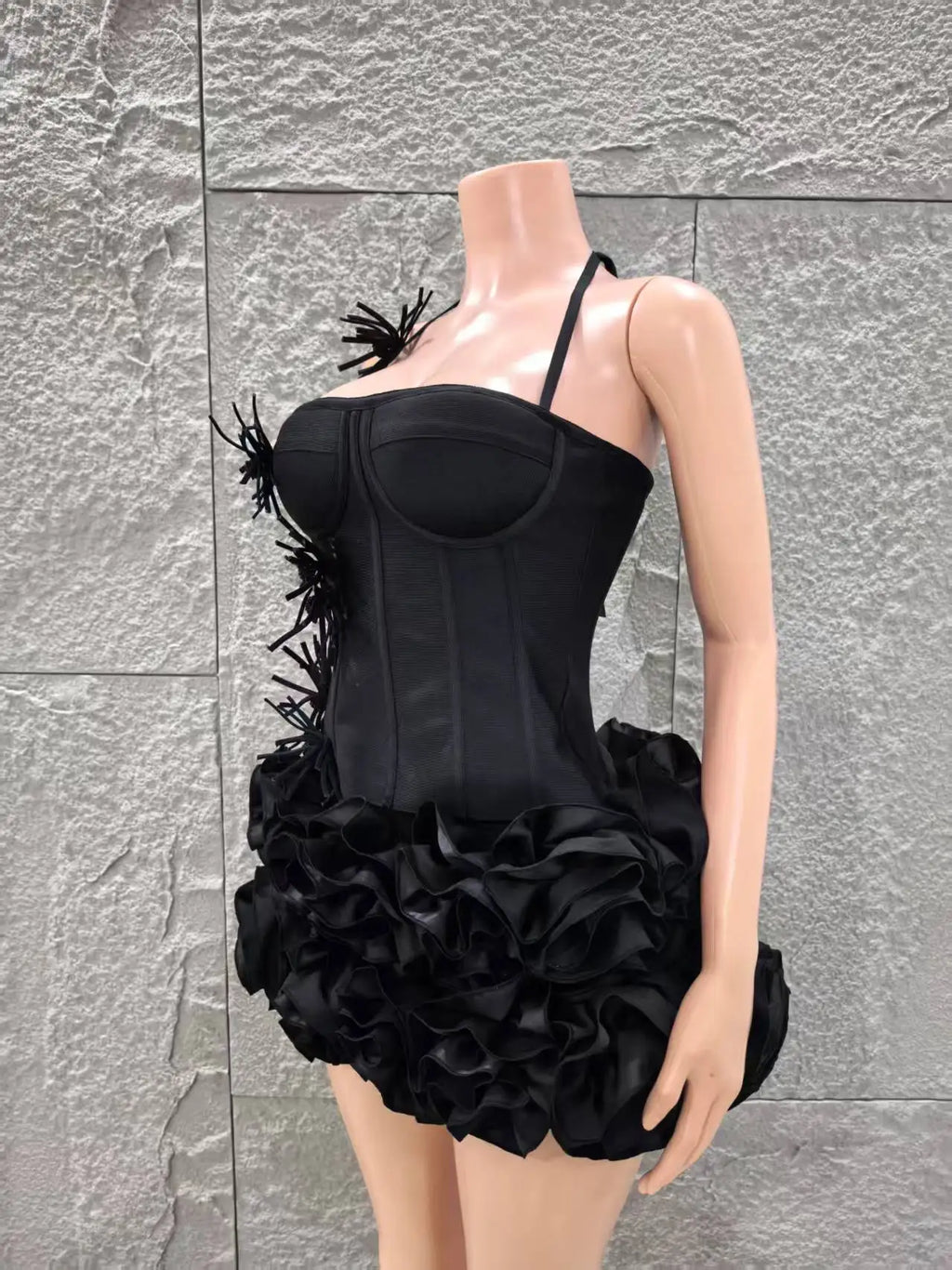 2025 New Black Color Women Sexy Strapless Florals 2 Pieces Bodycon Mini Bandage Dress Celebrate Nightclub Party Bar Singer Wear