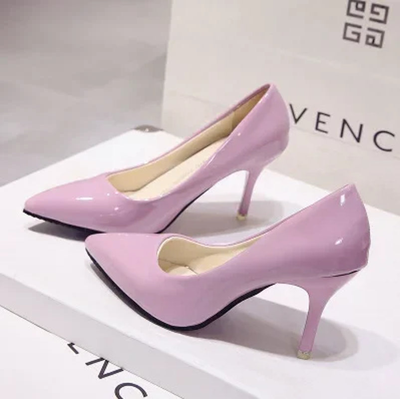 New Solid Color Pumps Women High Heel Shoes Female Fashion Patent Leather Sexy Pointed Toe Thin Heel Wedding Shoes Size 44