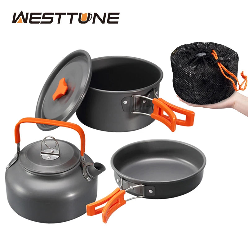 WESTTUNE Camping Cookware Kit Aluminum Outdoor Portable Cooking Set Pot Pan Kettle for Camping Tableware Hiking Picnic 3Pcs