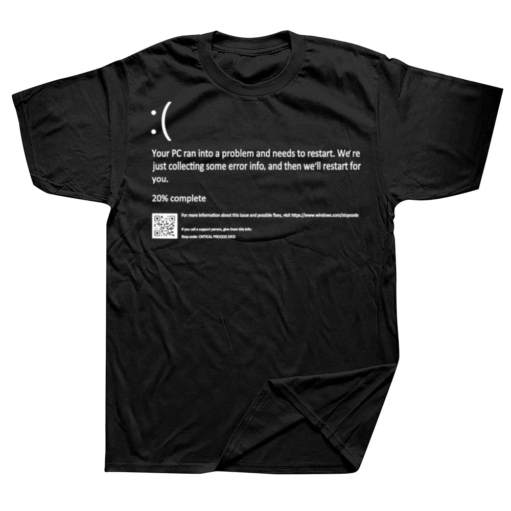 Funny Blue Screen of Death Geek Halloween Party Graphic T-Shirts Men Fashion Casual Tshirt 100% Cotton Loose Oversized T Shirt