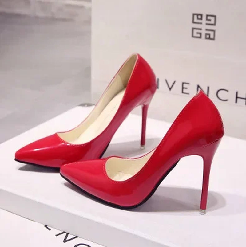 New Solid Color Pumps Women High Heel Shoes Female Fashion Patent Leather Sexy Pointed Toe Thin Heel Wedding Shoes Size 44