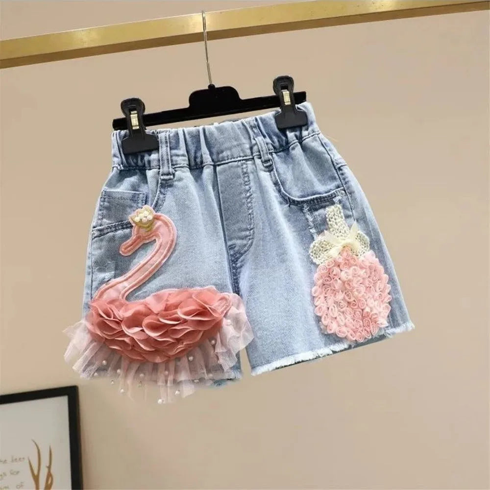 3-11Y Girl Denim Shorts 2025 Summer New Embroidery Flowers Grls Outer Pants Teenager Shorts Kids Baby Shorts