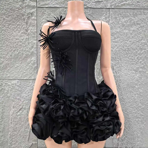 2025 New Black Color Women Sexy Strapless Florals 2 Pieces Bodycon Mini Bandage Dress Celebrate Nightclub Party Bar Singer Wear
