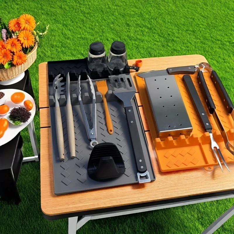 Silicone BBQ Grill Side Burner Mat Utensil Rest Holder Heat Resistant Countertop Drip Tray Outdoor Grilling Tool Accessories