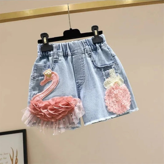 3-11Y Girl Denim Shorts 2025 Summer New Embroidery Flowers Grls Outer Pants Teenager Shorts Kids Baby Shorts