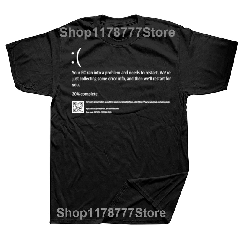 Funny Blue Screen of Death Geek Halloween Party Graphic T-Shirts Men Fashion Casual Tshirt 100% Cotton Loose Oversized T Shirt